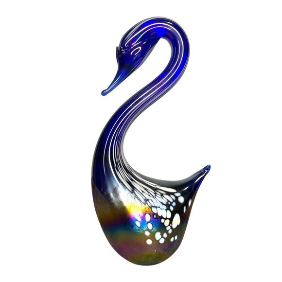 Vintage Iridescent Cobalt Blue Glass Swans Art Hand Blown Glass Set of 2 - Picture 6 of 7